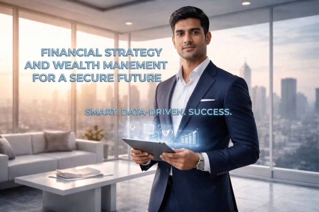 Confident Indian startup founder in a modern glass office reviewing legal and financial data on a tablet, symbolizing investment readiness