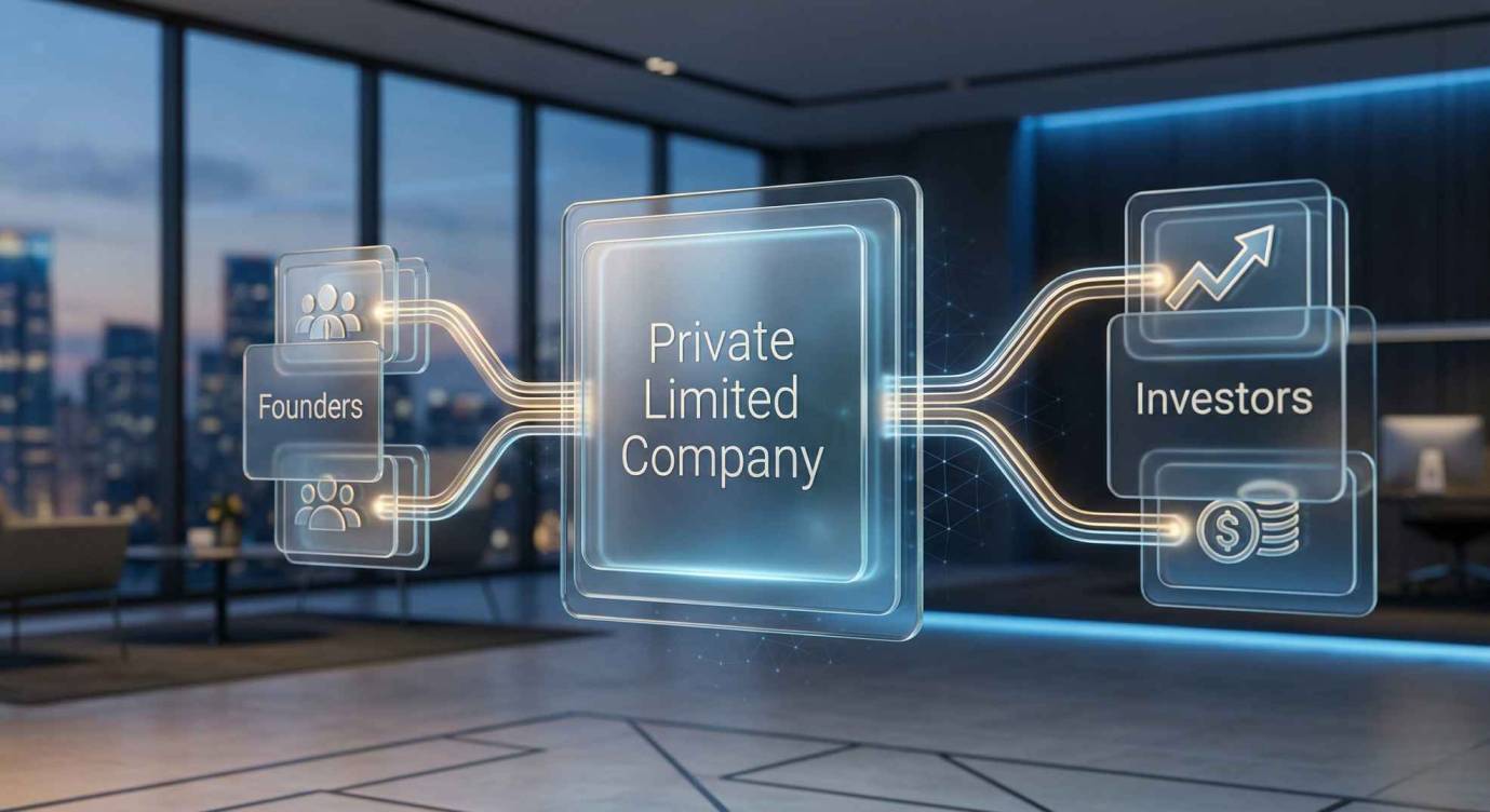 a Private Limited Company at the center, linked to Founders and Investors, visualizing the ideal corporate structure every Indian startup must establish as part of the pre-funding legal checklist