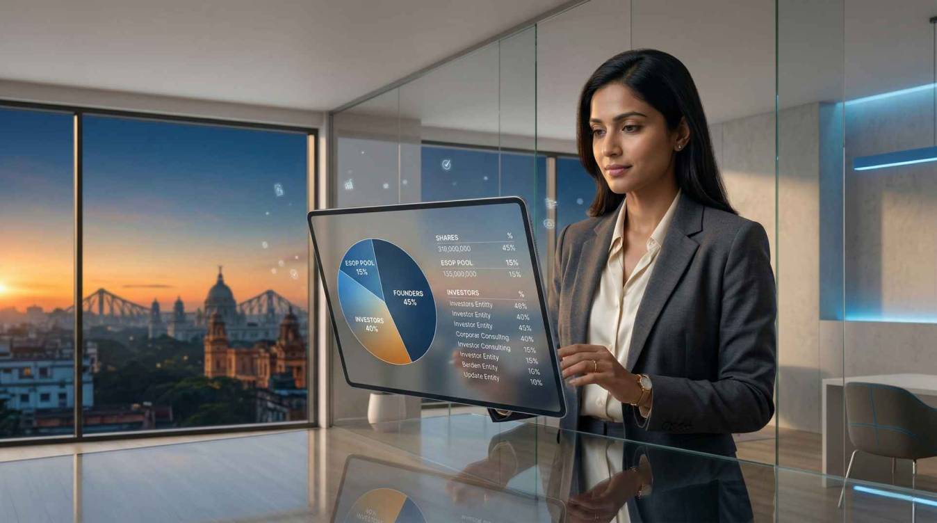 Sleek tablet displaying a digital cap table and pie chart with founders, ESOP pool, and investors’ equity, as a calm Indian founder reviews the data in a premium office environment.
