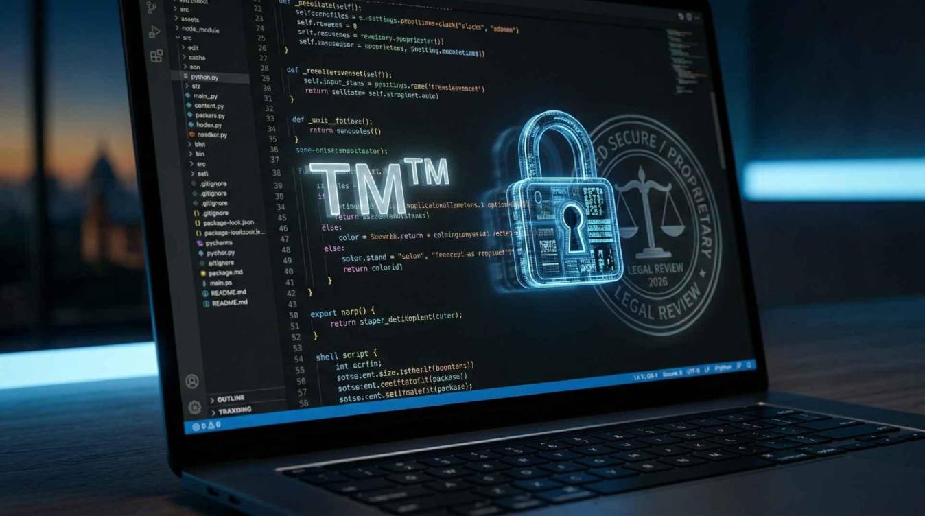 a laptop screen with code and glowing legal icons — trademark, digital lock, and stamp — emphasizing IP security and ownership for startups