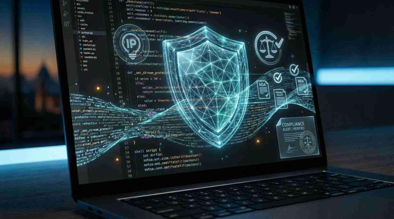 Modern cybersecurity scene with a glowing digital shield protecting data streams and compliance icons, symbolizing secure legal and regulatory protection for startups