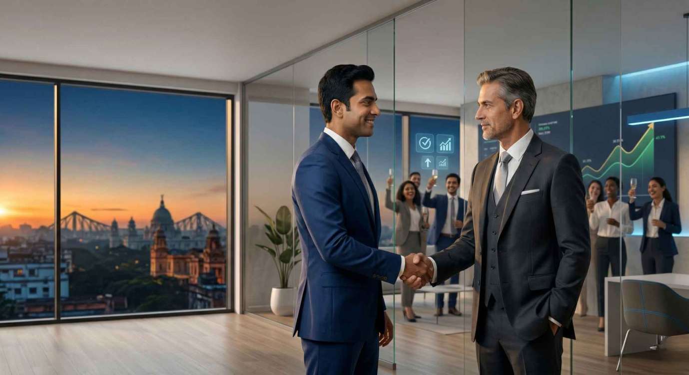 Indian startup founder and investor shaking hands in a bright premium boardroom with a celebrating team in the background, symbolizing successful funding after legal preparedness