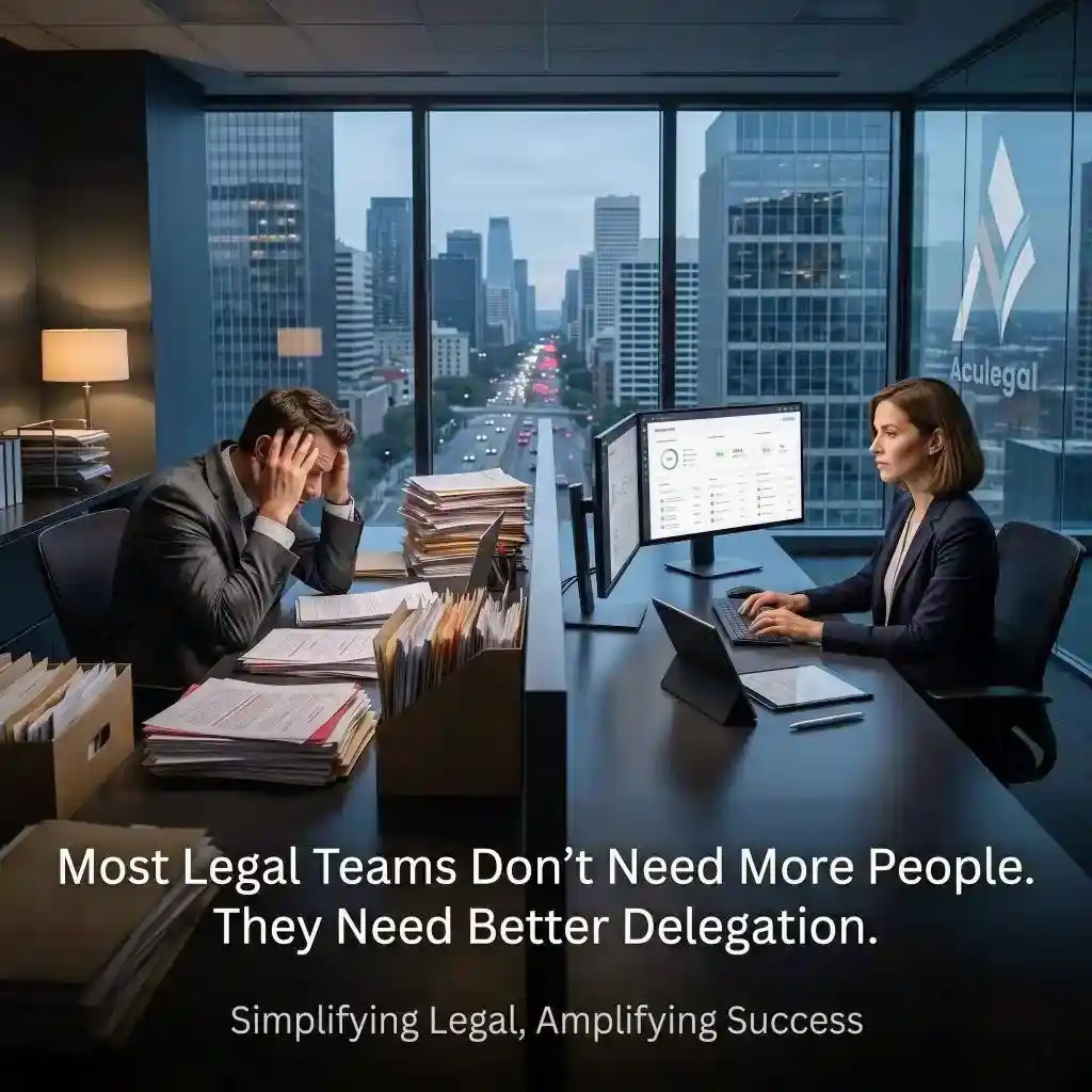 Founder-level legal delegation concept showing contrast between overloaded legal work and structured legal systems.