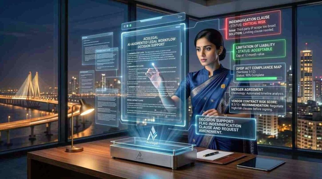 AI transforming legal workflows in India with digital contract interface and lawyer using technology