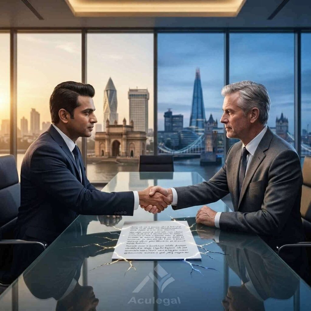 Indian business signing cross-border NDA with foreign partner highlighting hidden jurisdiction risks in global deals