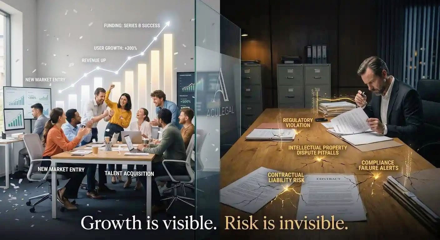 Split view showing visible business growth versus hidden legal risks underneath operations