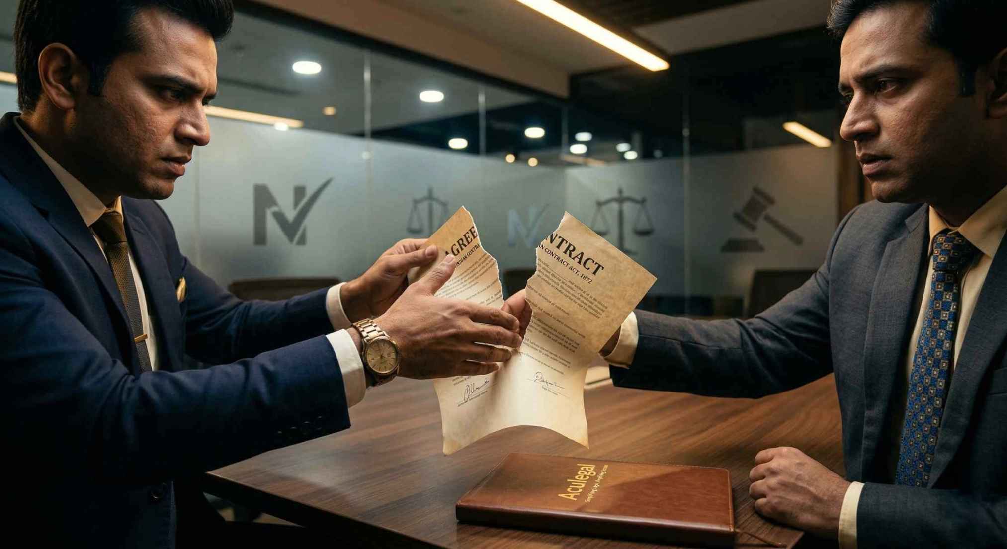 Business handshake turning into broken contract showing legal risk and breach of contract in India