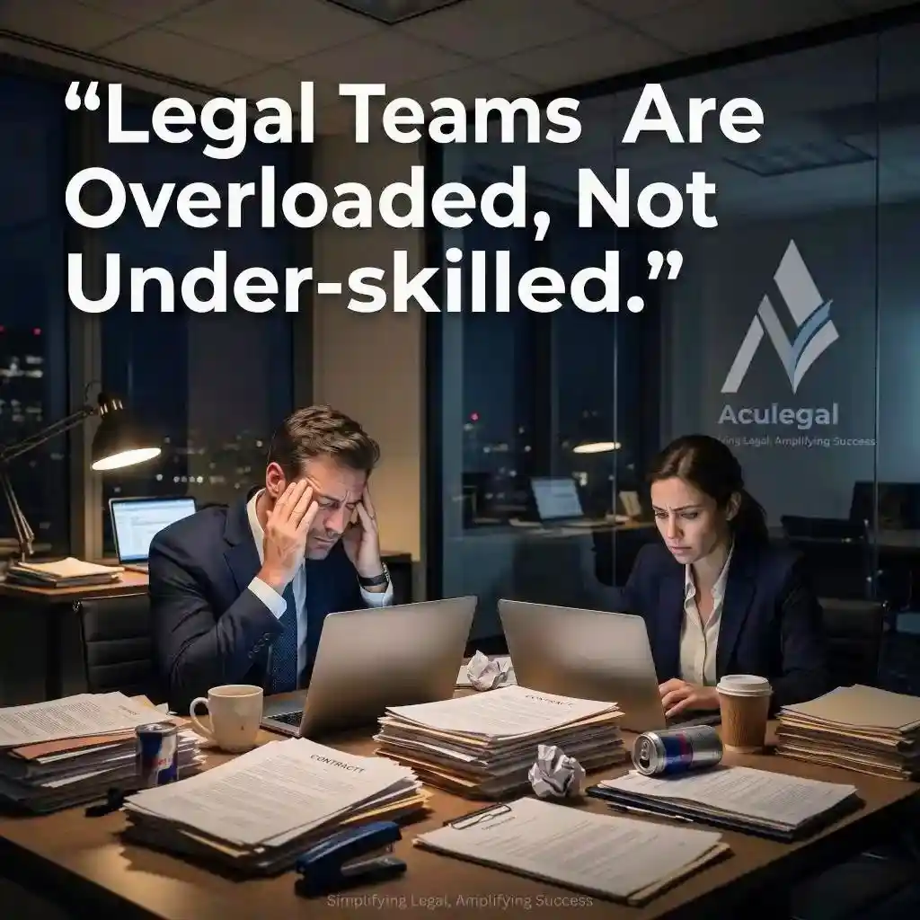 Overworked legal team handling contracts, compliance, and documentation workload in a corporate office