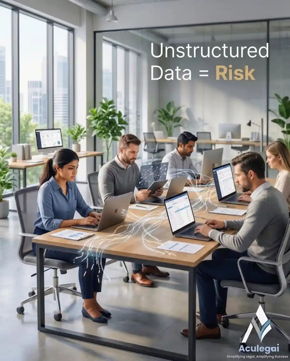 Business team handling chaotic data flow without legal structure in bright office