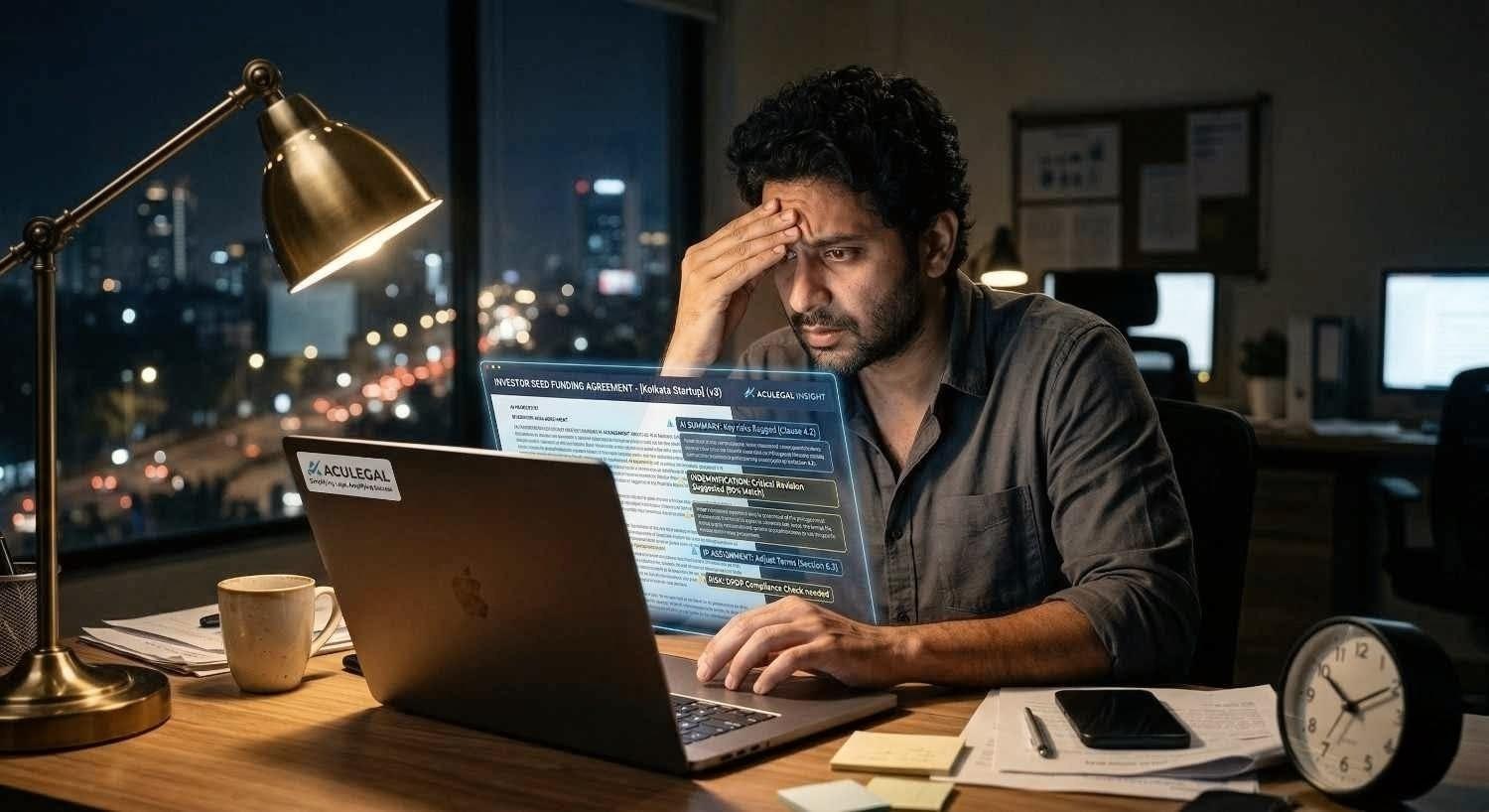 Startup founder reviewing contract changes at night with AI assistance