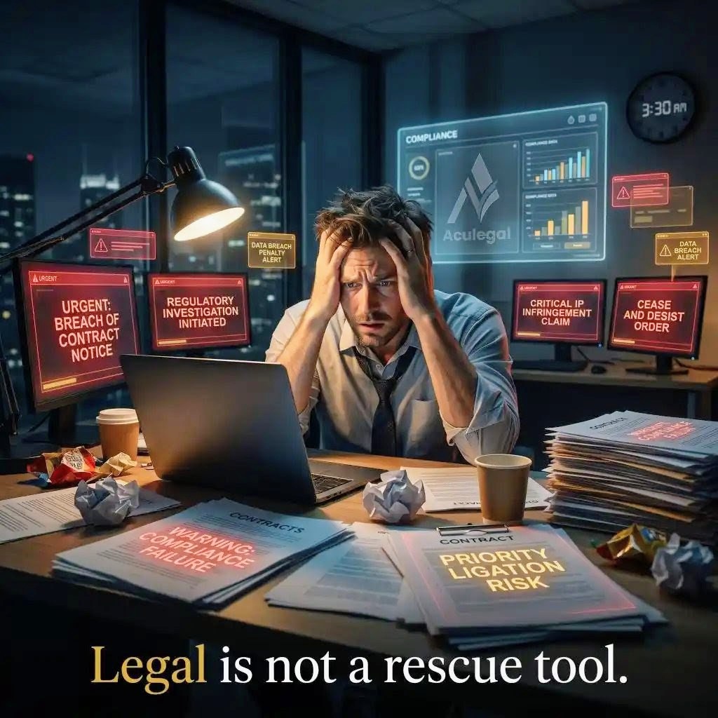 Founder overwhelmed by legal emergency documents representing reactive legal approach