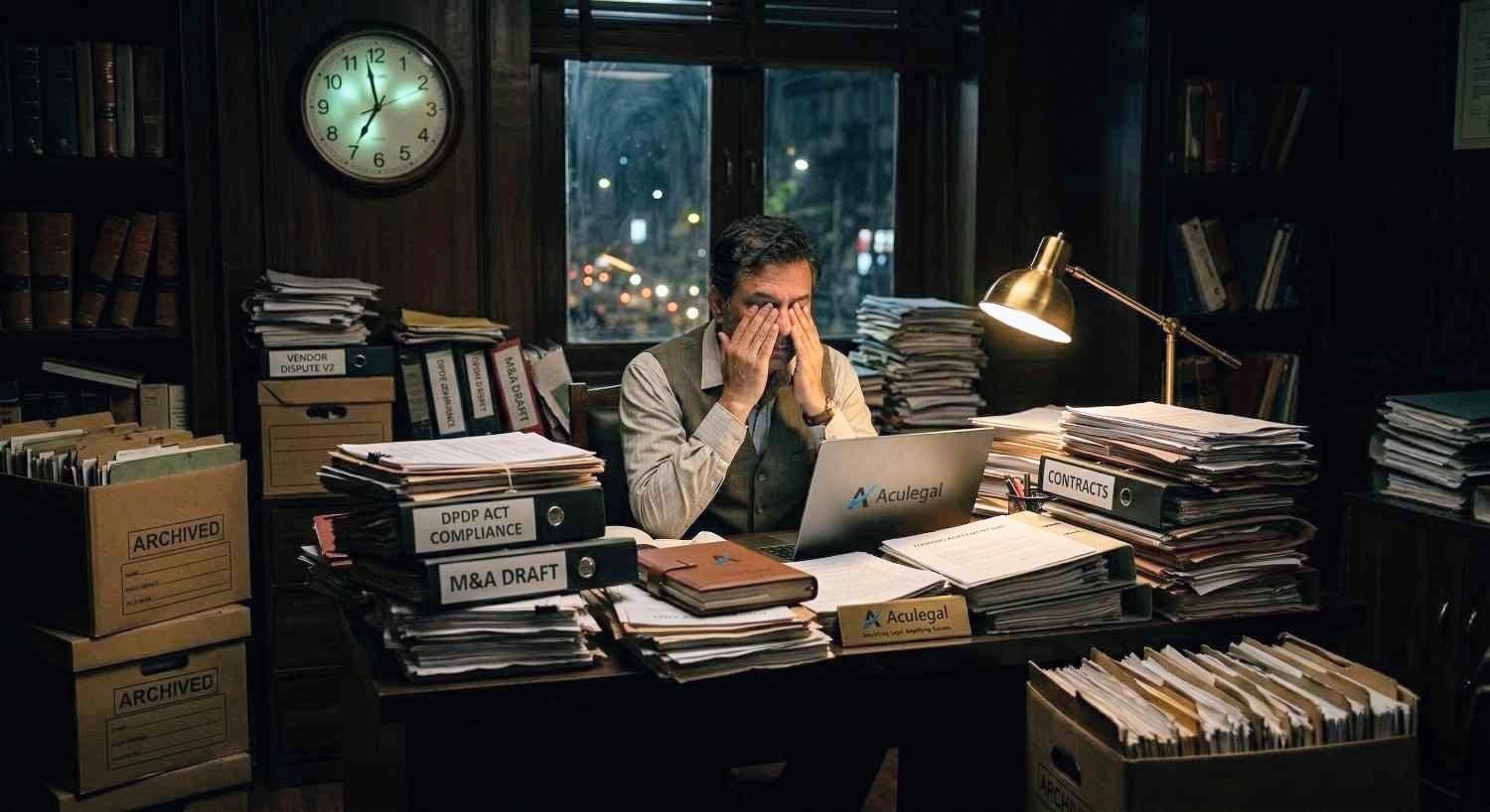 Overwhelmed legal professional surrounded by paperwork and slow workflows