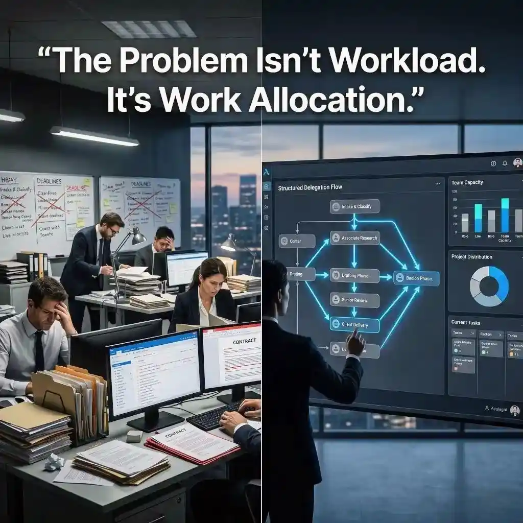 Comparison between chaotic legal workload and structured delegation system showing improved work allocation