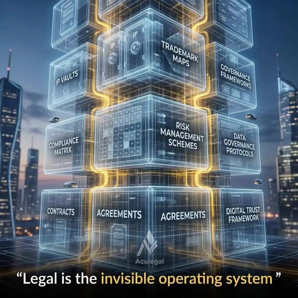 Futuristic building representing legal systems as an invisible operating architecture