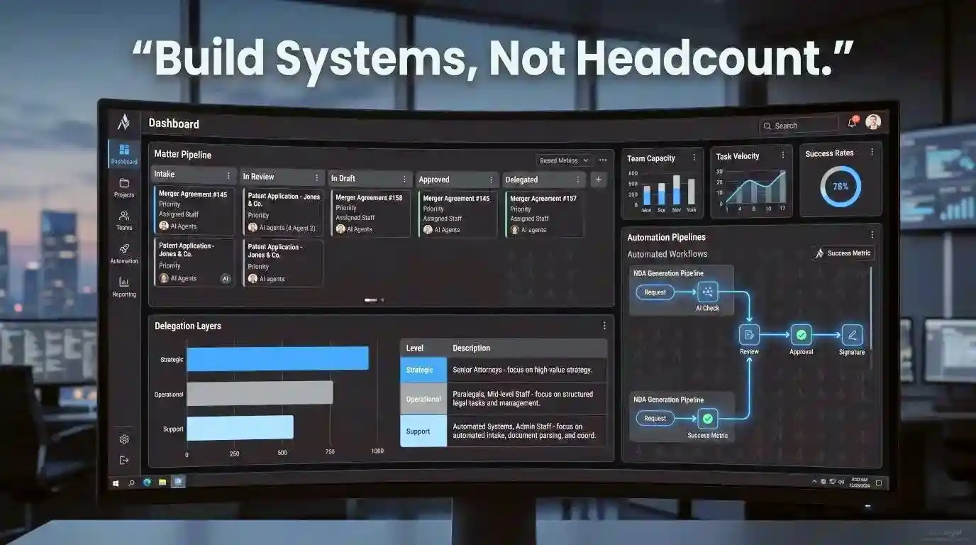 Structured legal delegation system showing workflow automation, task categorization, and legal operations dashboard