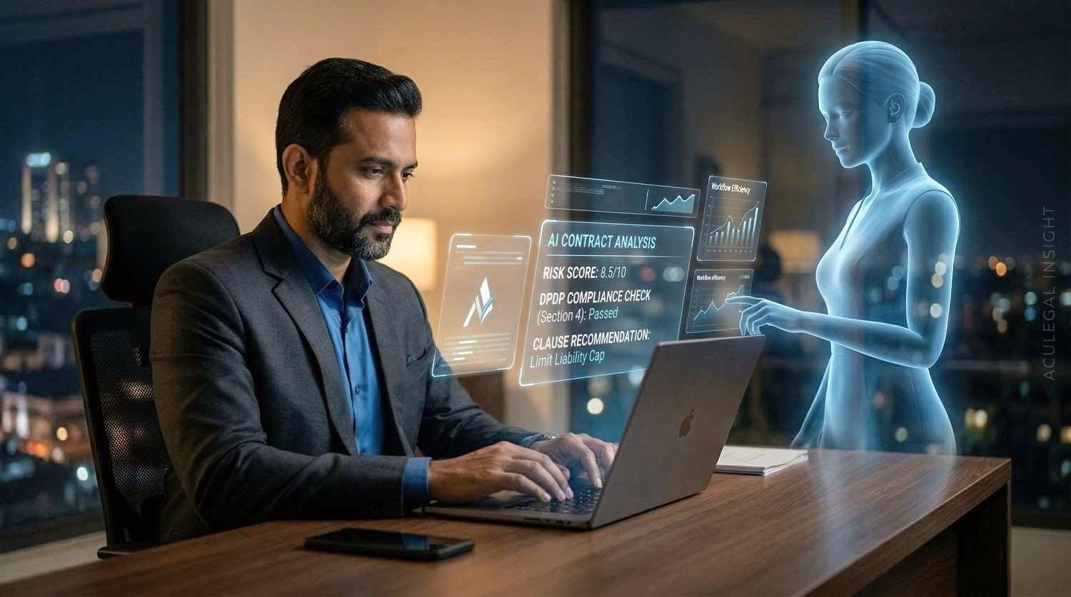 Lawyer working with AI assistant as invisible support system