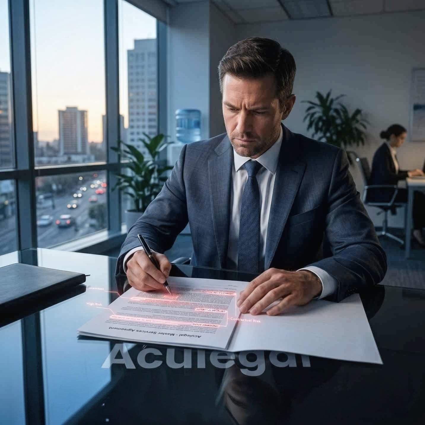 business professional reviewing NDA contract with highlighted legal risks and jurisdiction clause mistakes