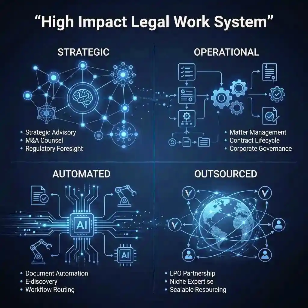 Four quadrant legal task categorization model showing strategic, operational, automated, and outsourced work