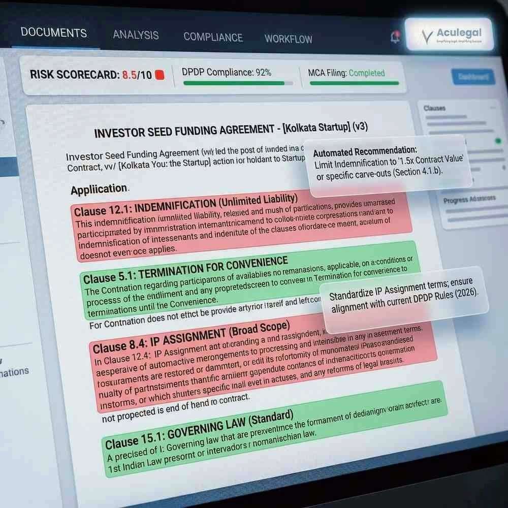 AI contract review system highlighting risk clauses and legal insights