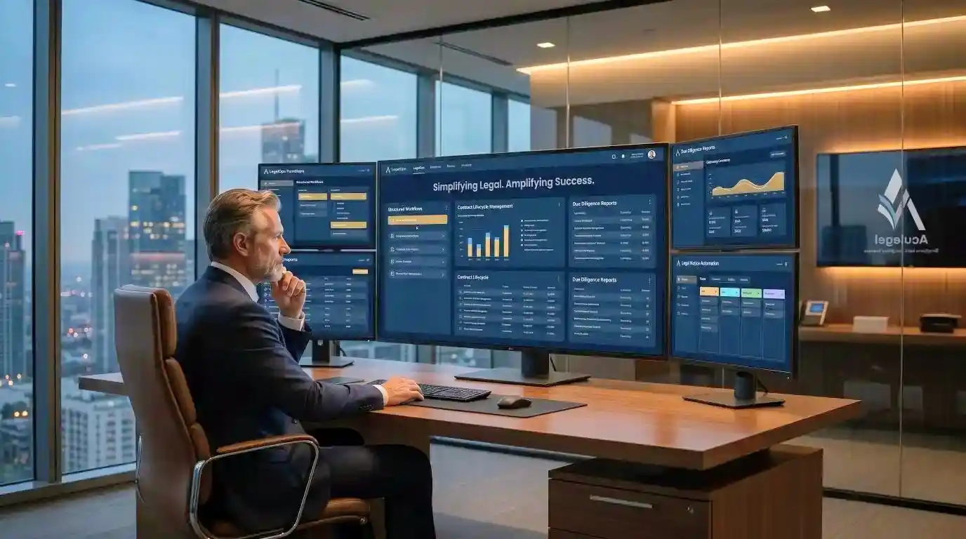 Founder using structured legal operations system with contract management and compliance dashboard powered by Aculegal