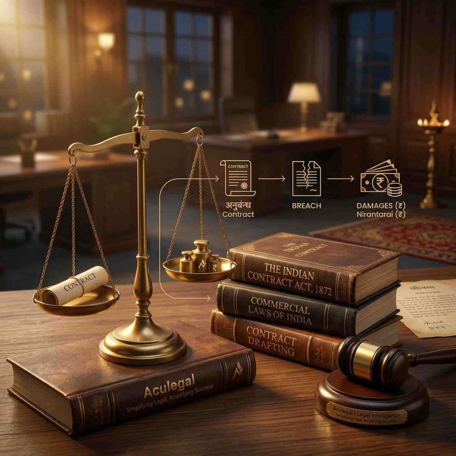 Indian Contract Act 1872 diagram showing contract breach and legal damages process in India