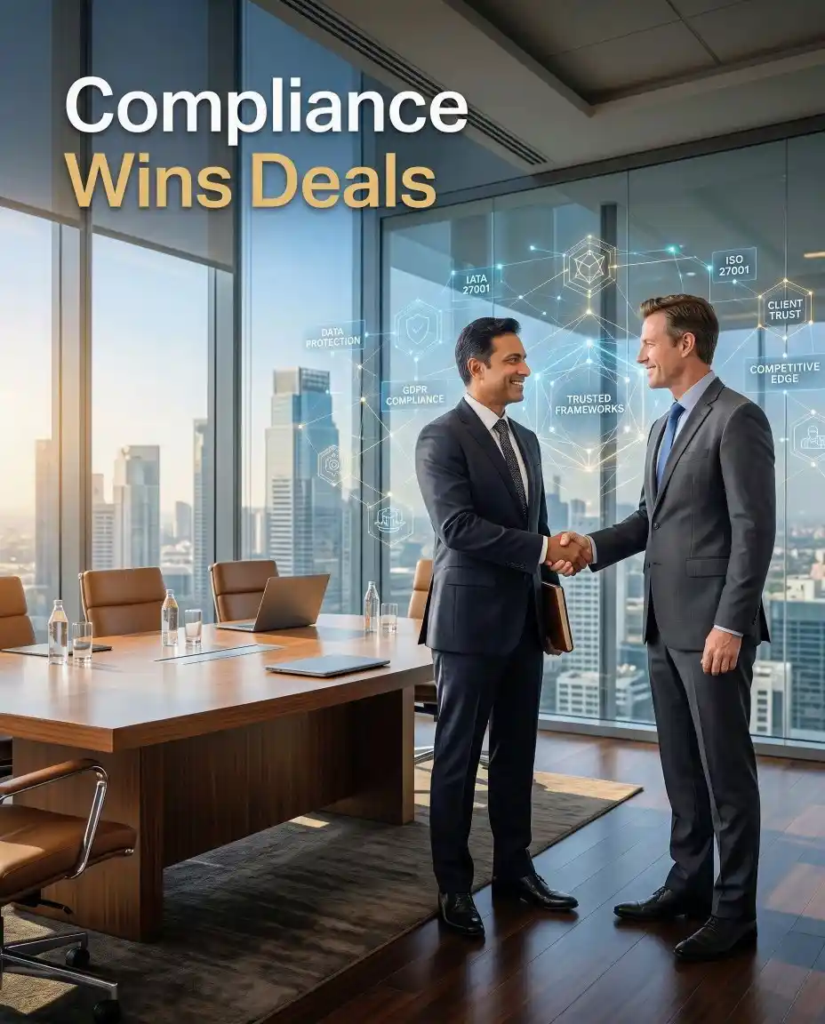 Business professionals closing deal with strong data protection compliance advantage
