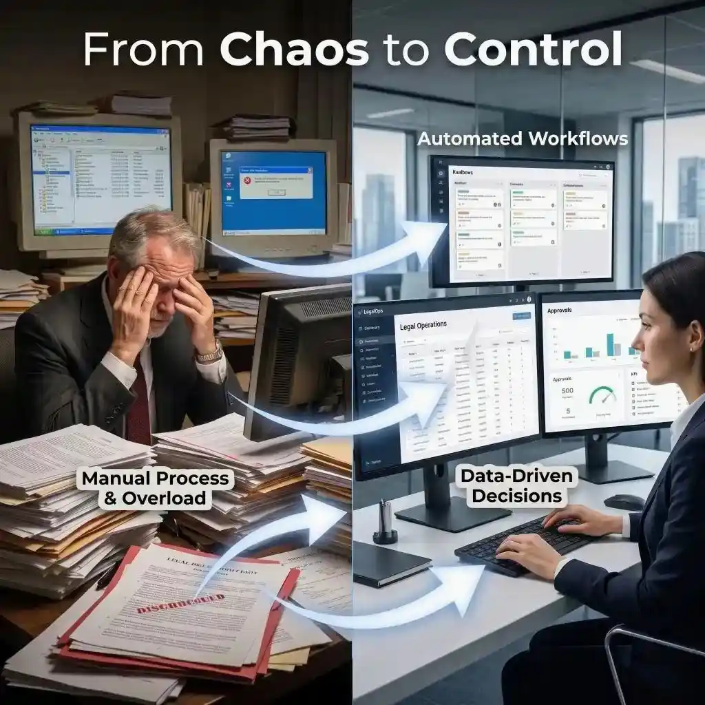 Before and after transformation of legal operations from chaos to structured workflow and faster execution