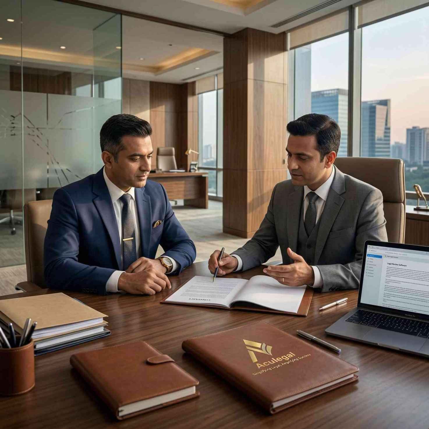 Contract lawyer in India reviewing business agreement with client for legal protection