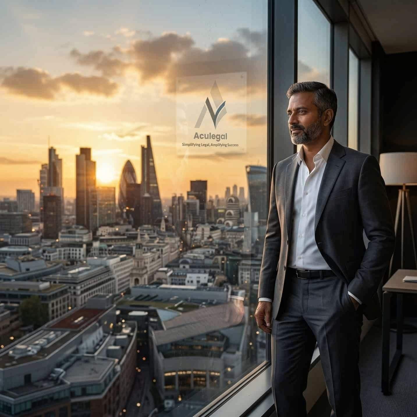 Indian entrepreneur confidently overlooking global city skyline symbolizing strong legal strategy in international business deals