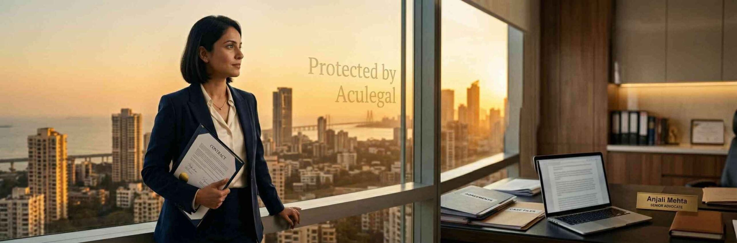 Contract lawyer in India reviewing business agreement with client for legal protection
