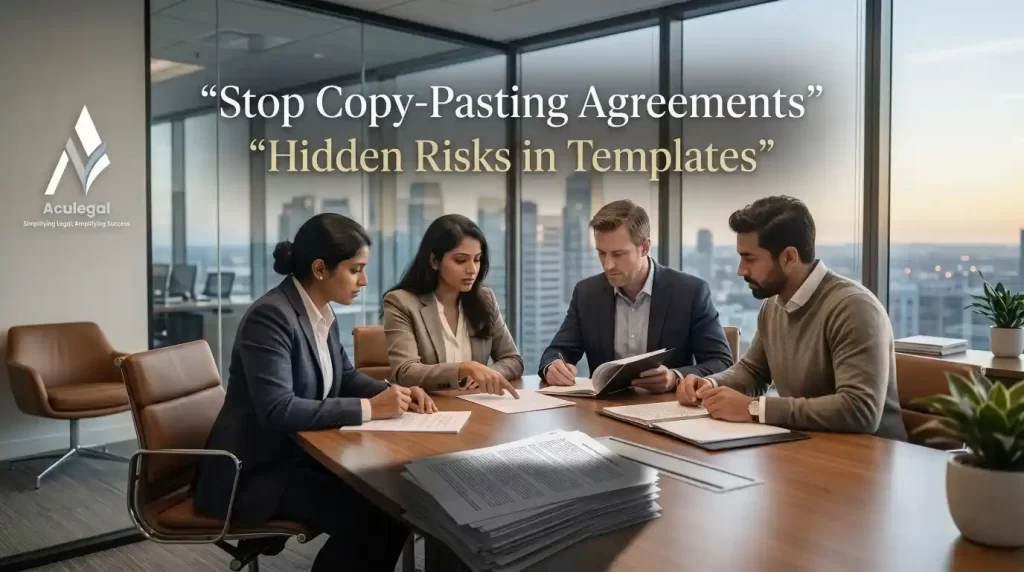 Business professionals reviewing contracts with hidden risks highlighted