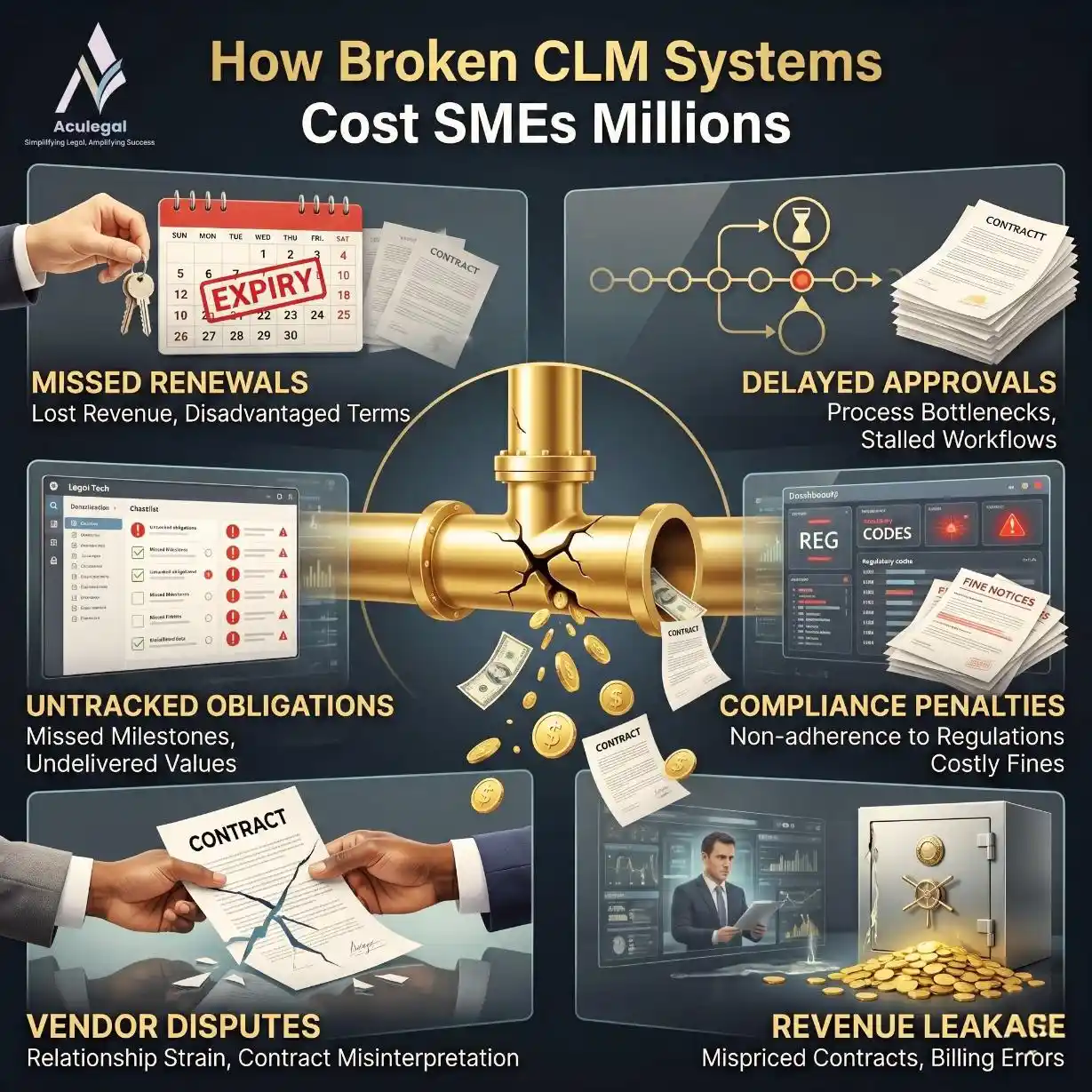End-to-end CLM workflow for SMEs managed through Aculegal LPO services.
