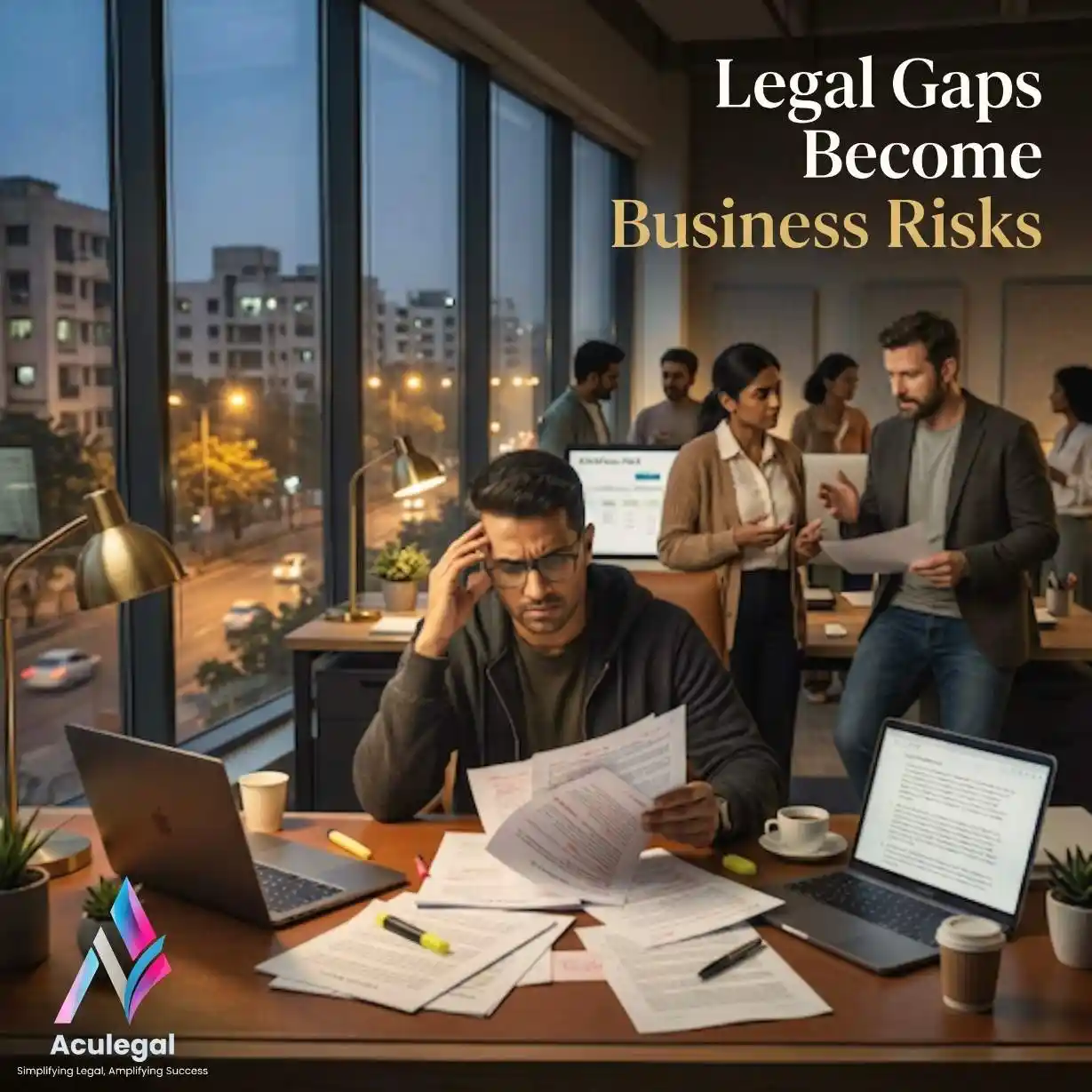 Startup founder stressed over legal paperwork and compliance risks in office