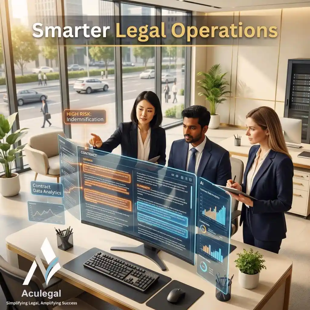 AI reviewing contracts with legal professionals supervising in modern office