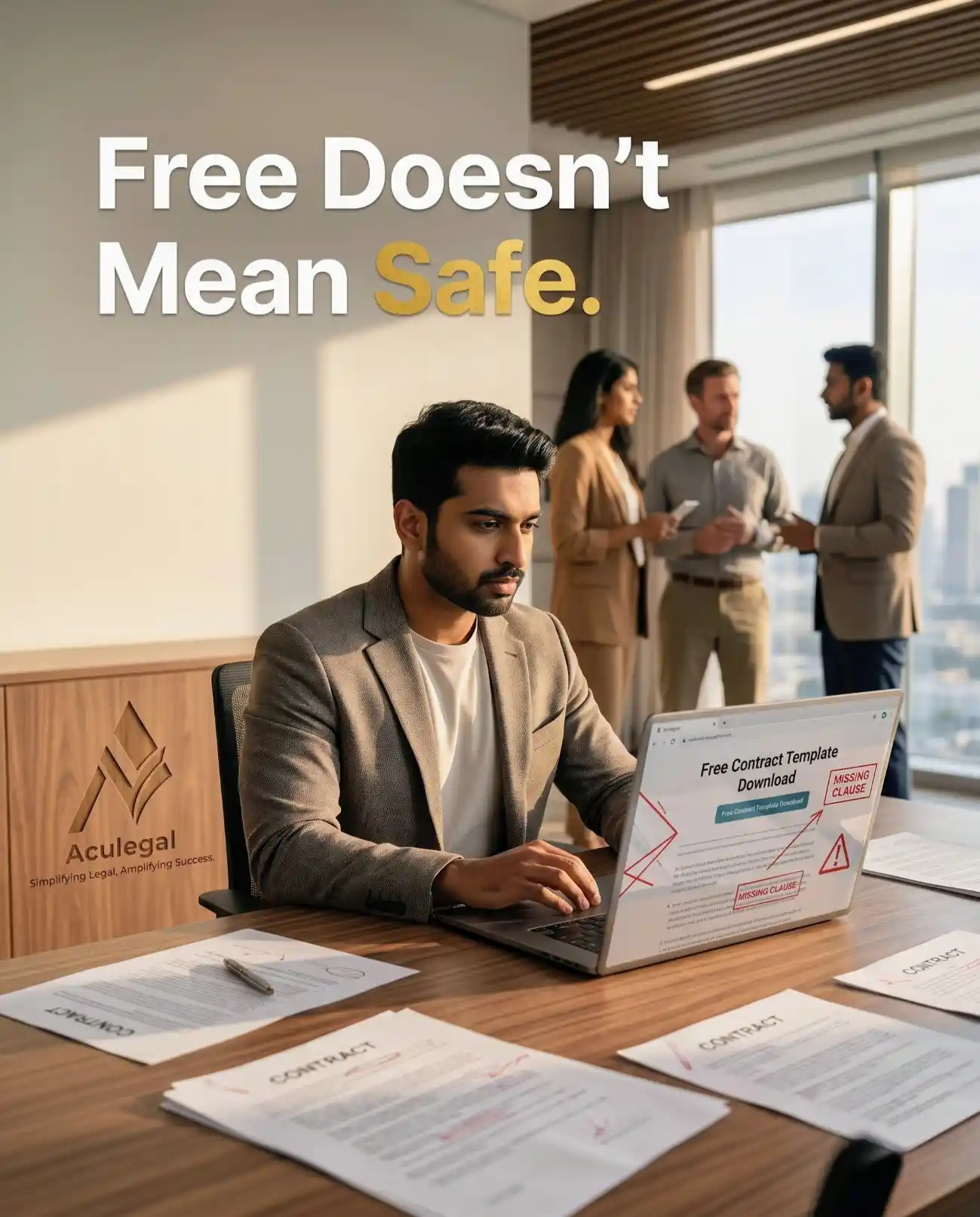 Startup founder downloading free online contract template with hidden legal risks