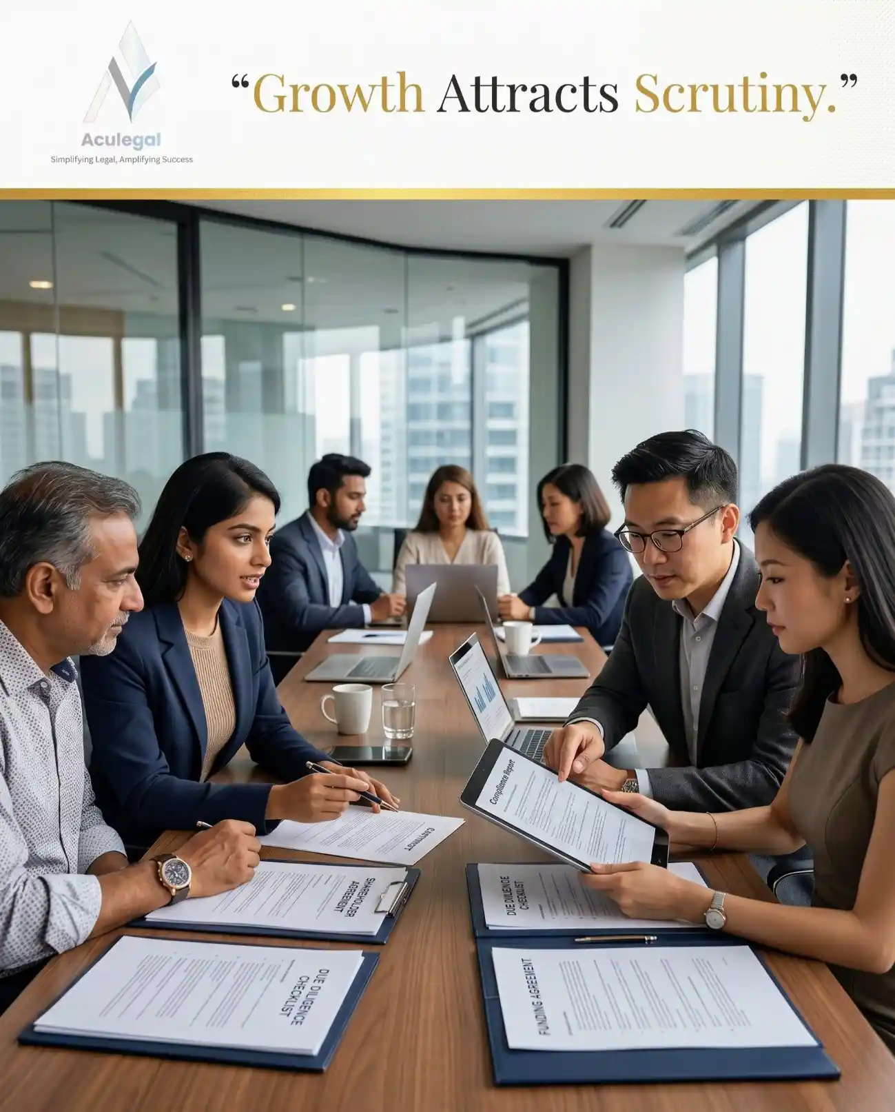 Business founders and investors reviewing compliance documents during a funding discussion