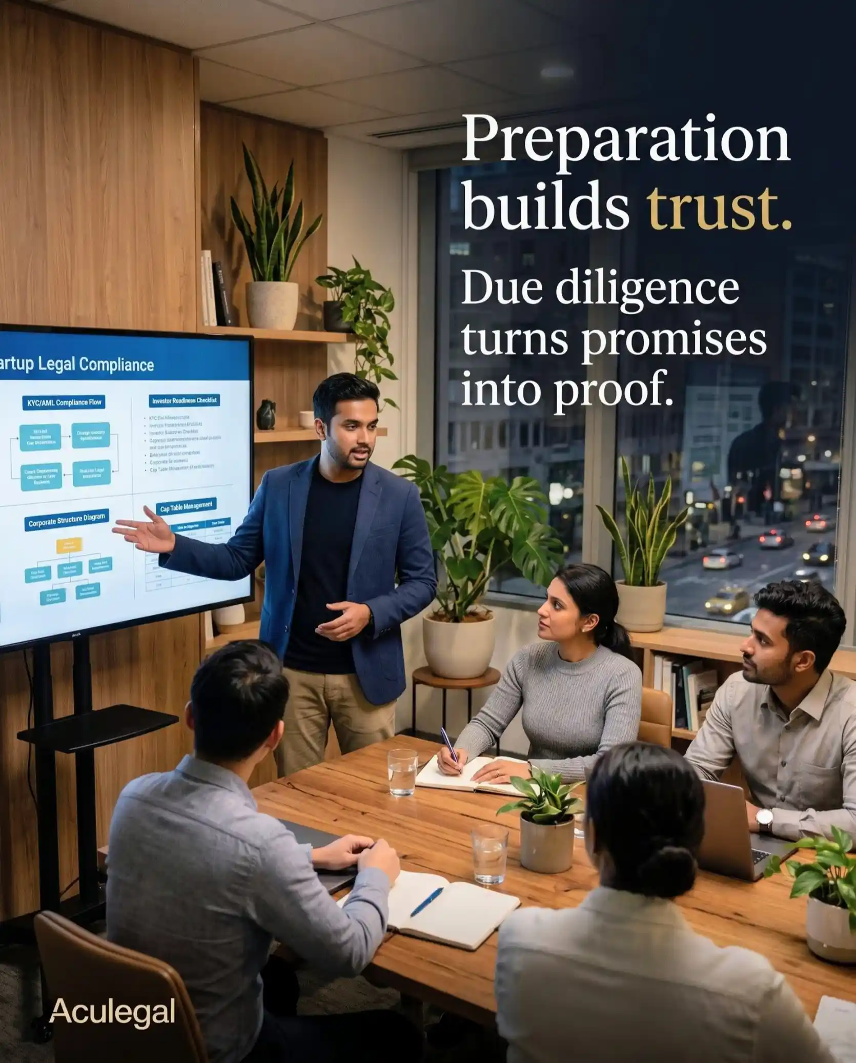 Startup team discussing investor due diligence process in a meeting room