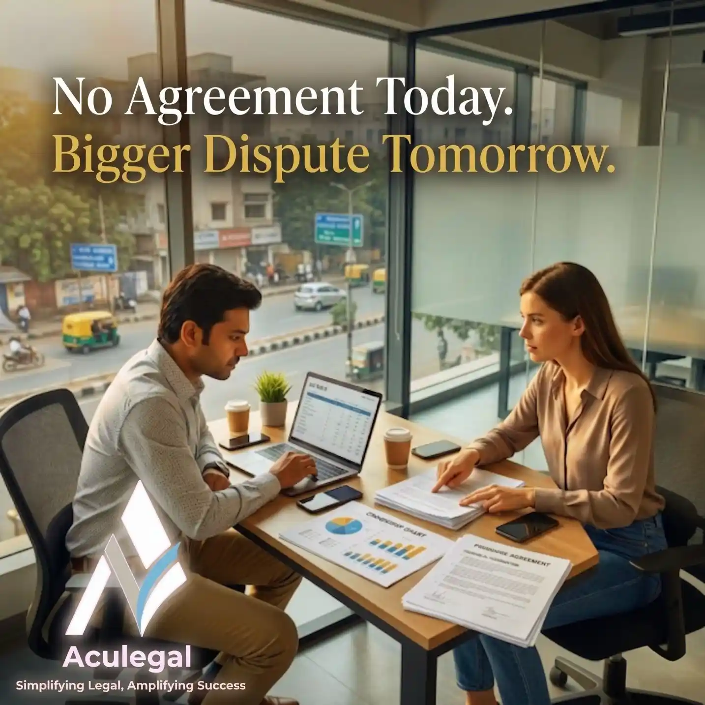 Two startup co-founders facing tension during an equity discussion inside a realistic startup office.