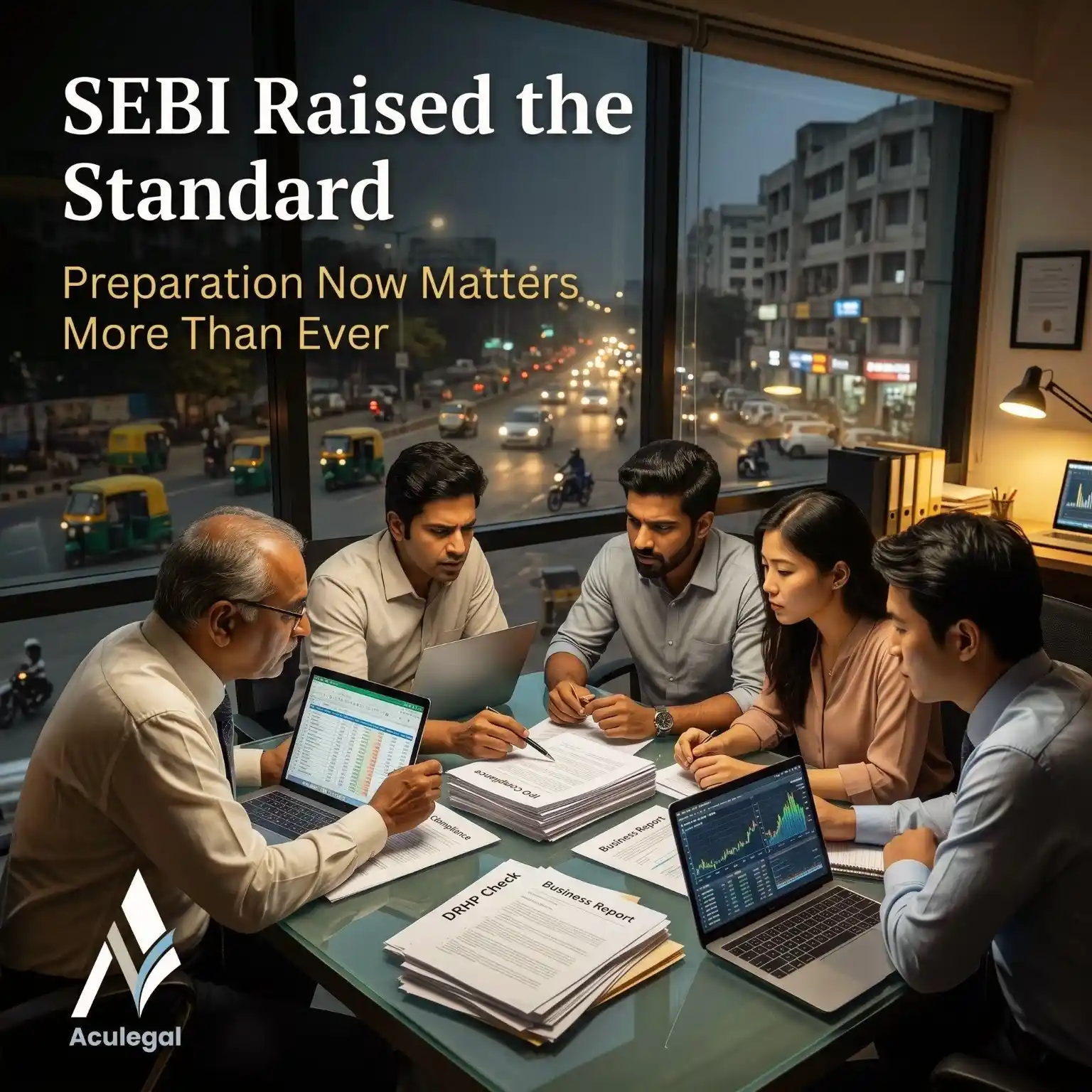 SME founders reviewing IPO regulations and compliance risks in a modern office setting