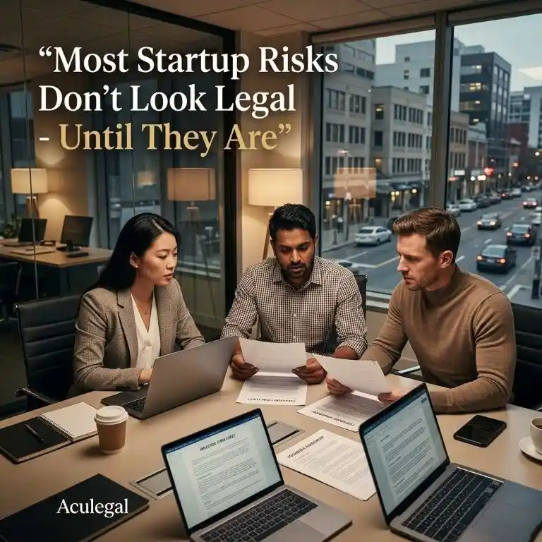 Startup founders reviewing contracts and legal risks in an SME office during evening hours