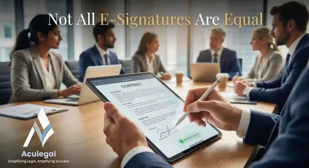Business professionals using e-signature on a digital device with secure authentication