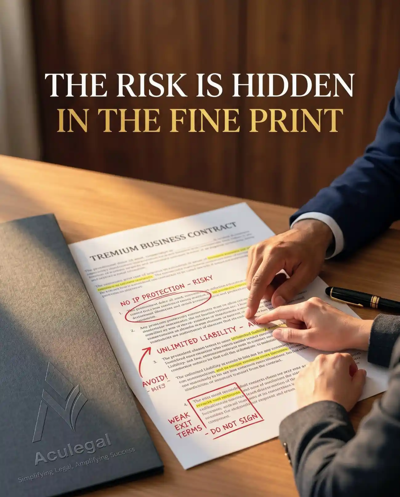 Business contract showing missing clauses and hidden legal loopholes