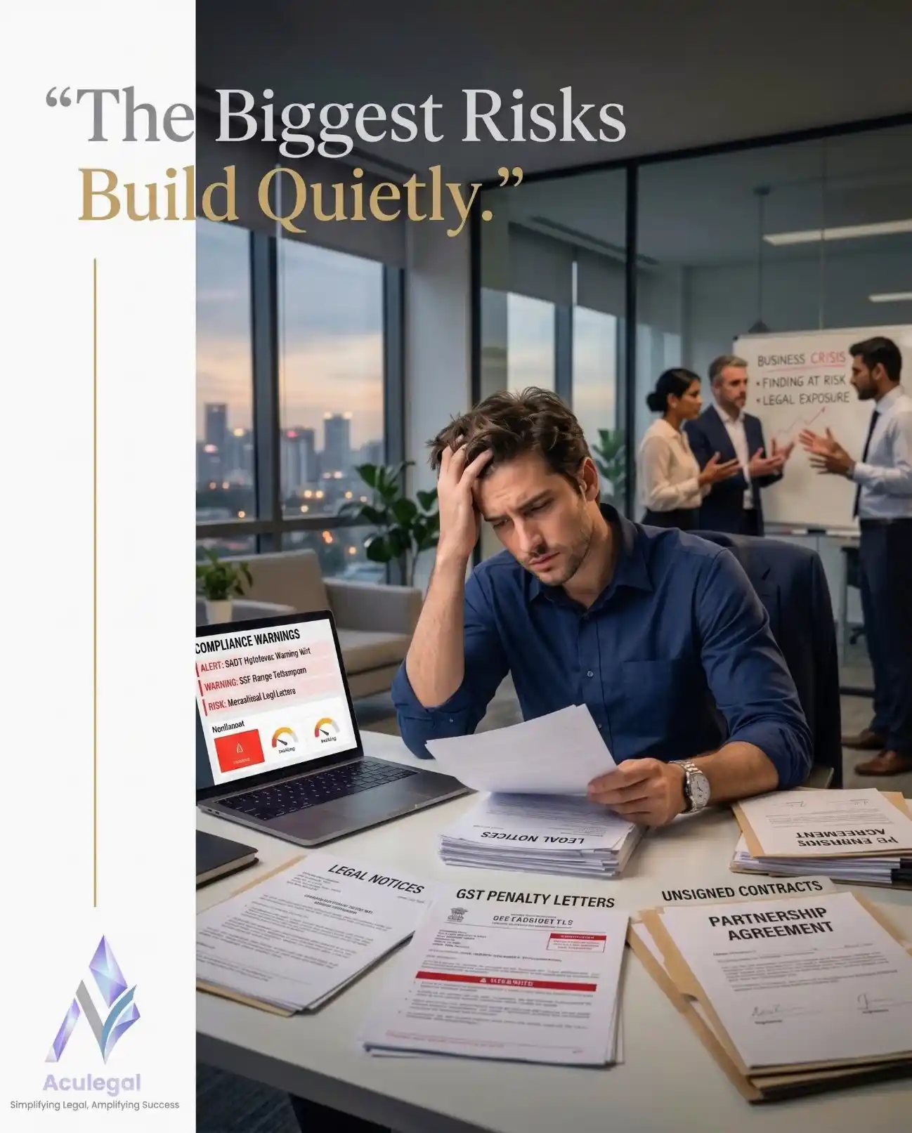 Business owner overwhelmed by penalties, contracts, and financial losses from compliance failures