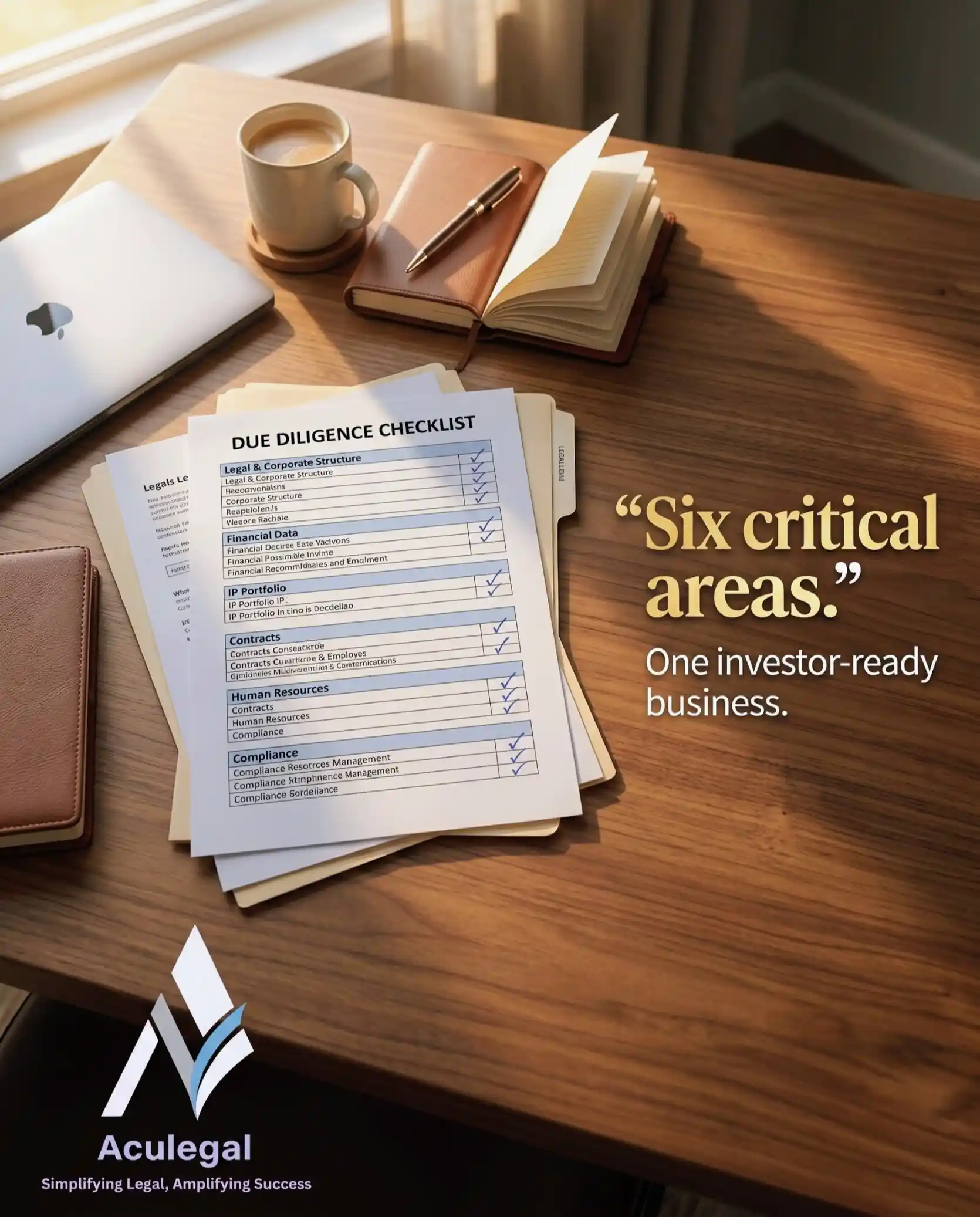 Due diligence checklist document with startup compliance notes on desk