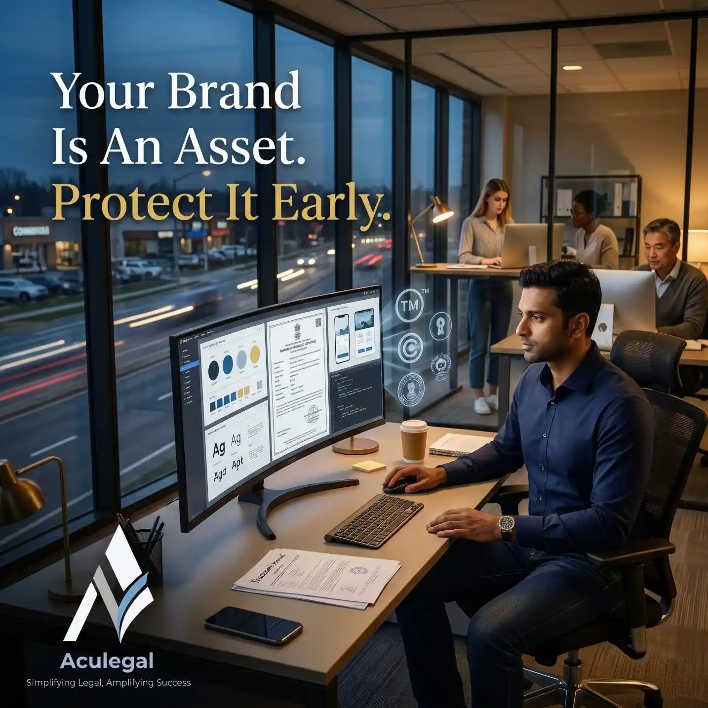 Startup founder reviewing trademark and intellectual property documents in a modern office.
