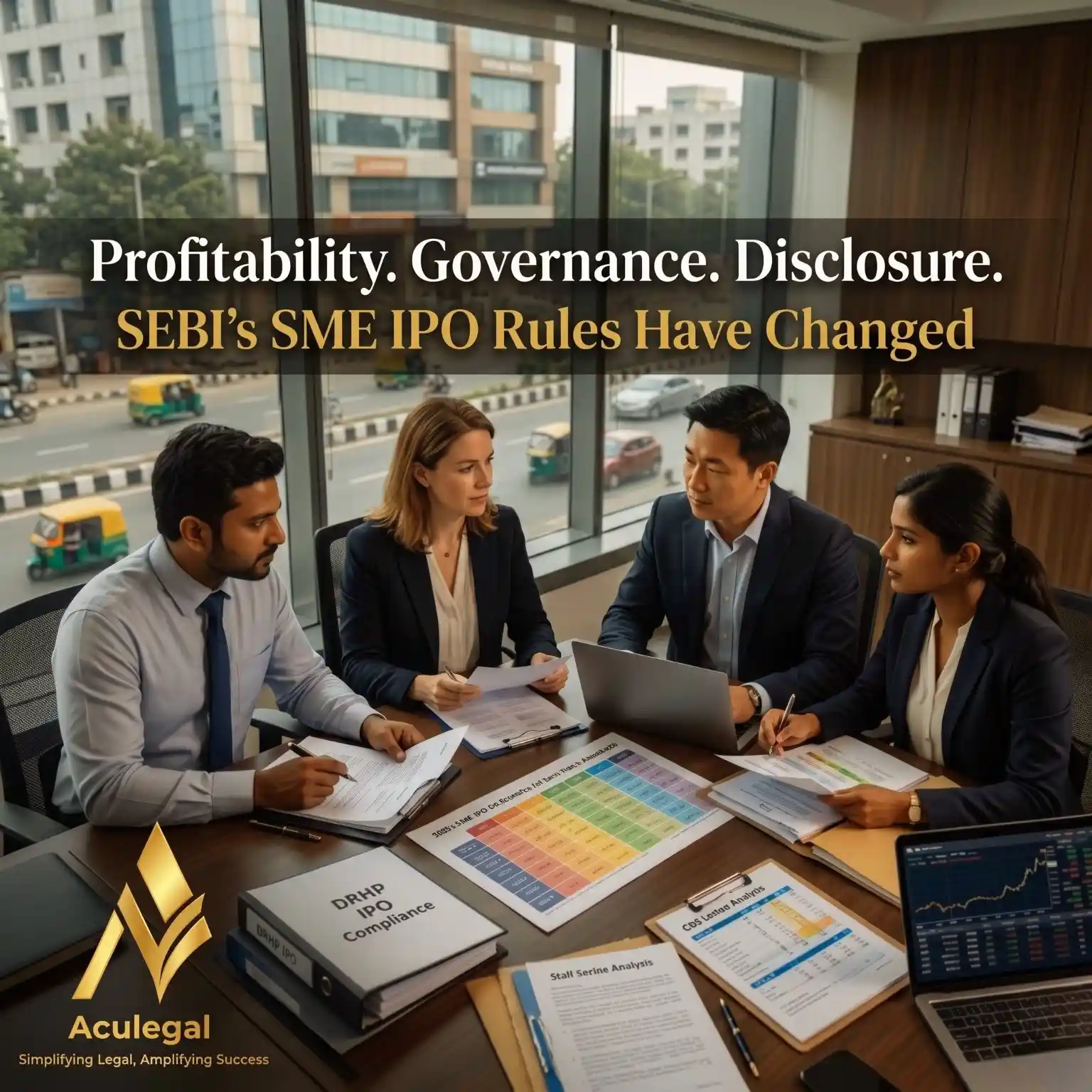 Business professionals analyzing SEBI SME IPO rule changes with compliance charts and documents