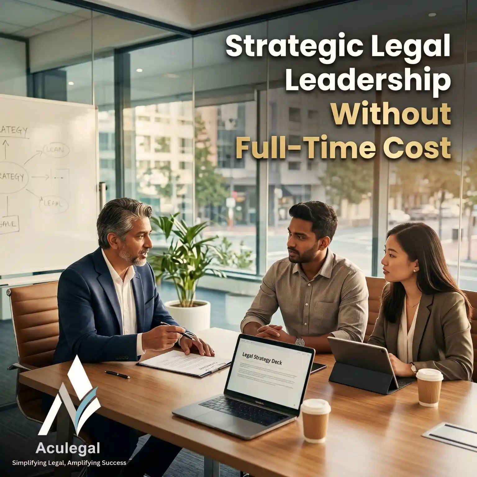 Virtual Chief Legal Officer advising startup founders in a modern collaborative office