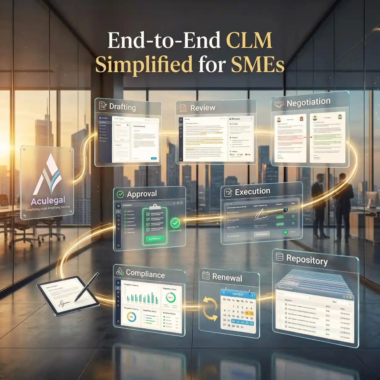 End-to-end CLM workflow for SMEs managed through Aculegal LPO services.
