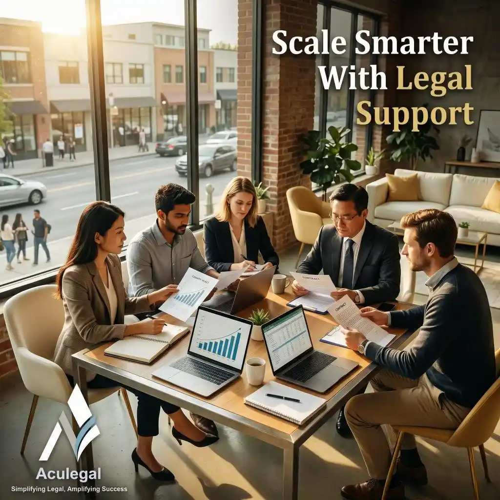 Startup founders discussing legal growth strategy with outsourced legal team
