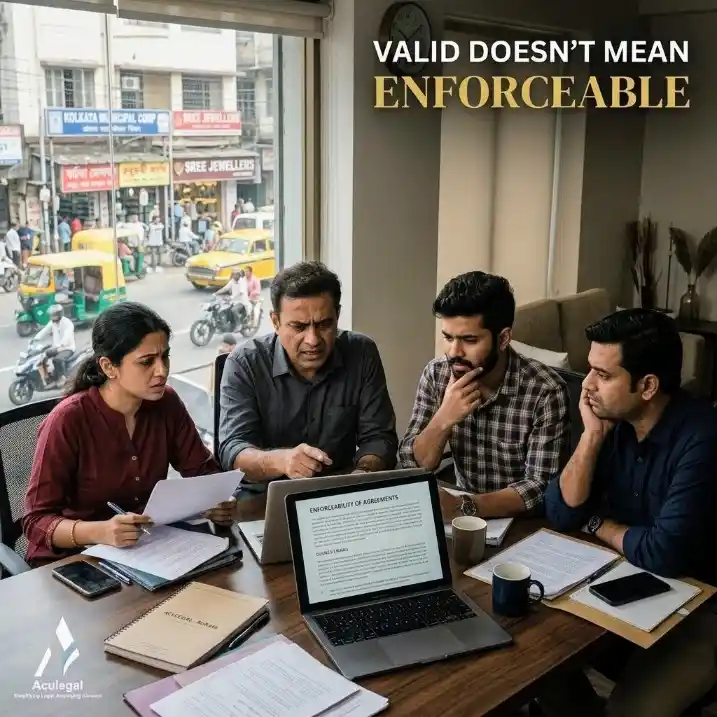 Confused professionals reviewing unclear contract terms highlighting legal risks